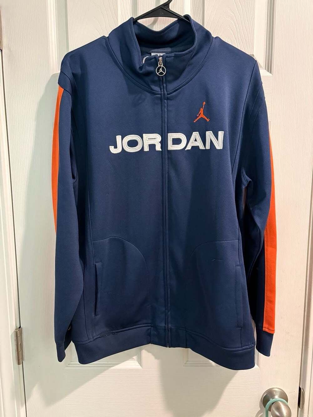 Vintage Jordan Navy Blue and Orange Full-Zip Track Jacket with White Lettering L
